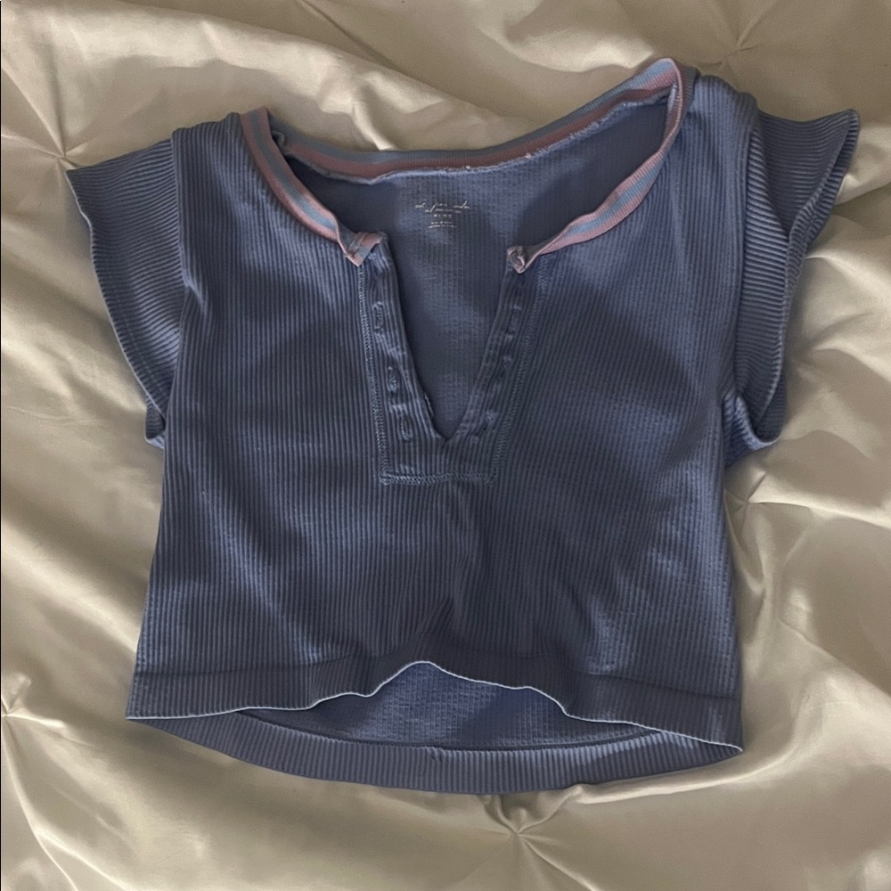 Urban Outfitters Blue Ribbed Crop Top with Pink Trim